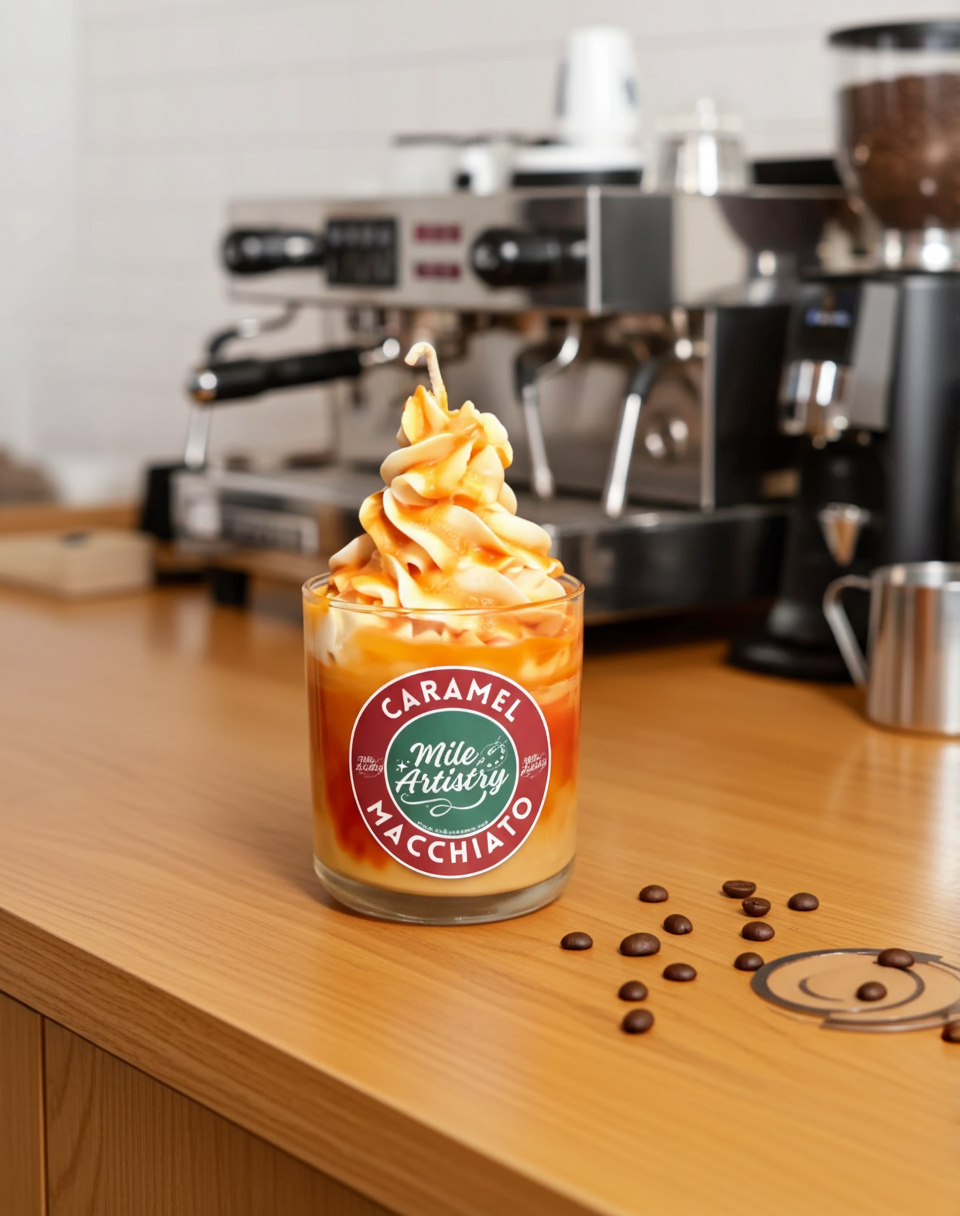 Caramel macchiato in a glass with a coffee shop background