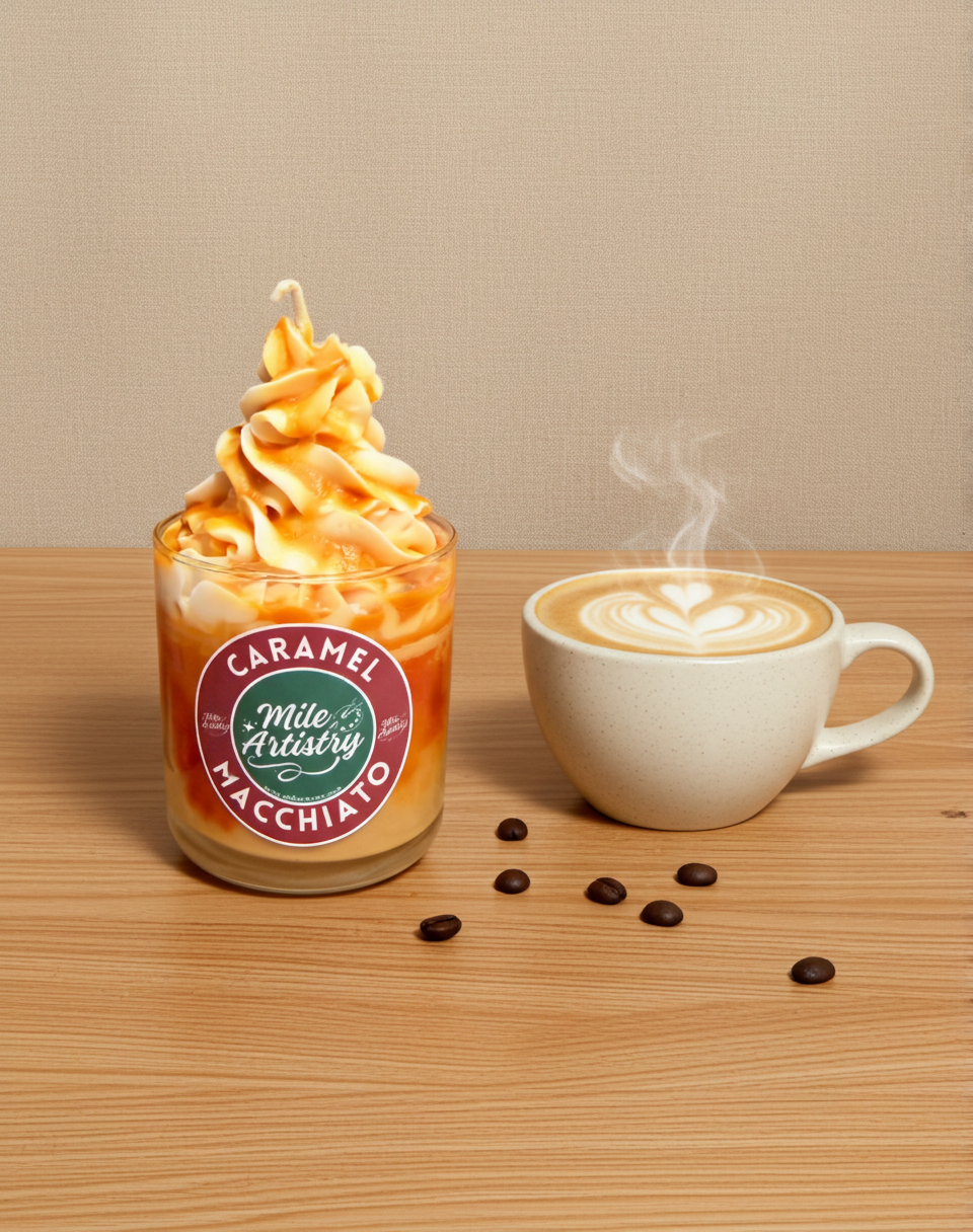 Caramel macchiato drink and a steaming cup of coffee on a wooden surface with coffee beans.