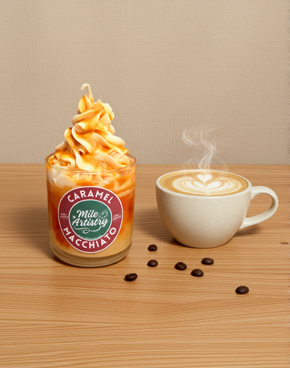 Caramel macchiato drink and a steaming cup of coffee on a wooden surface with coffee beans.