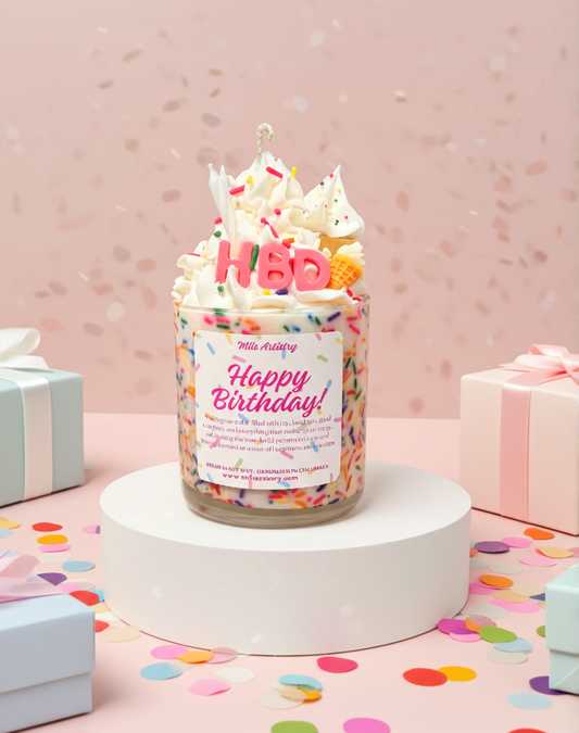 Birthday-themed cupcake with sprinkles and 'Happy Birthday!' text on a pink background with gift boxes and confetti.
