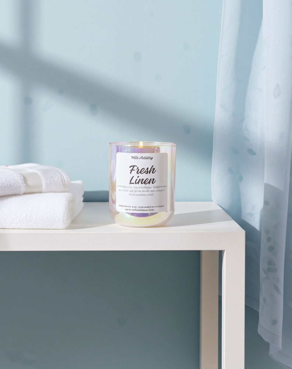 Candle labeled 'Fresh Linen' on a white surface with a light blue background