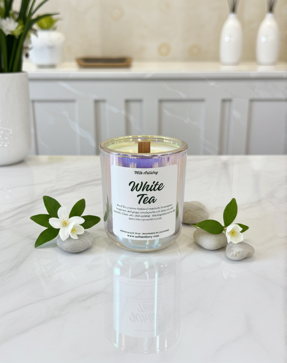 White tea candle with decorative elements on a white surface