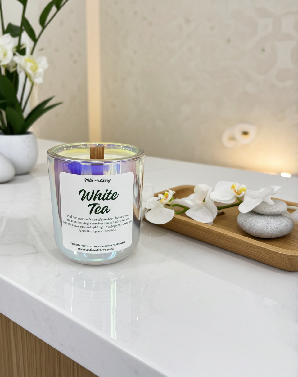 Candle labeled 'White Tea' on a surface with flowers and stones in the background