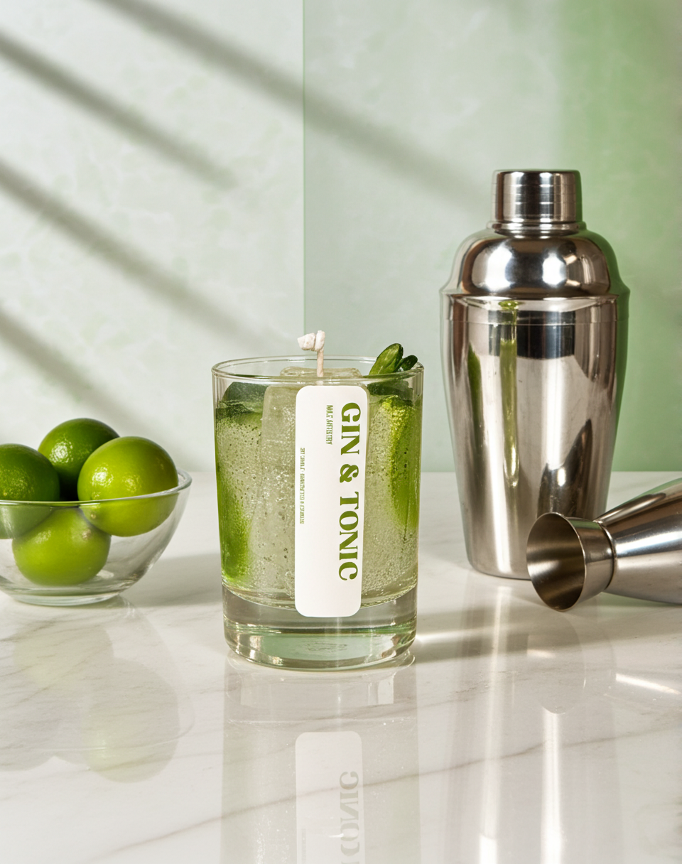 Gin & Tonic candle with a cocktail shaker and limes on a reflective surface